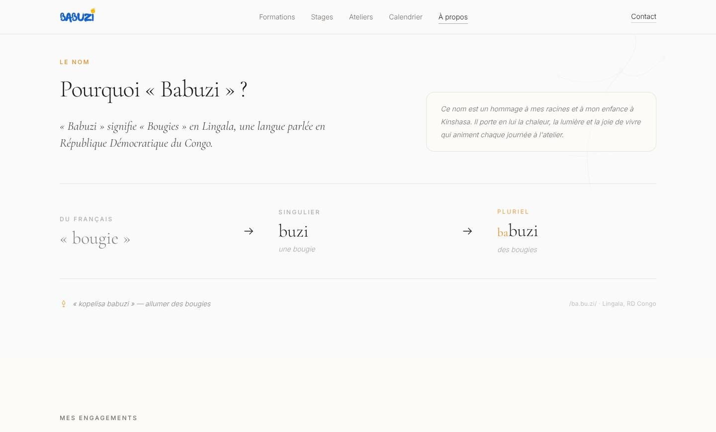 Page À propos : pourquoi « Babuzi », le mot lingala décliné du singulier au pluriel