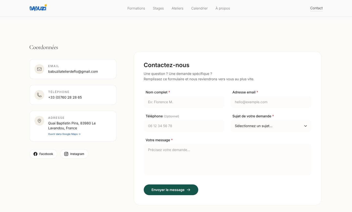 Page de contact : les coordonnées de l'atelier à gauche et le formulaire à droite