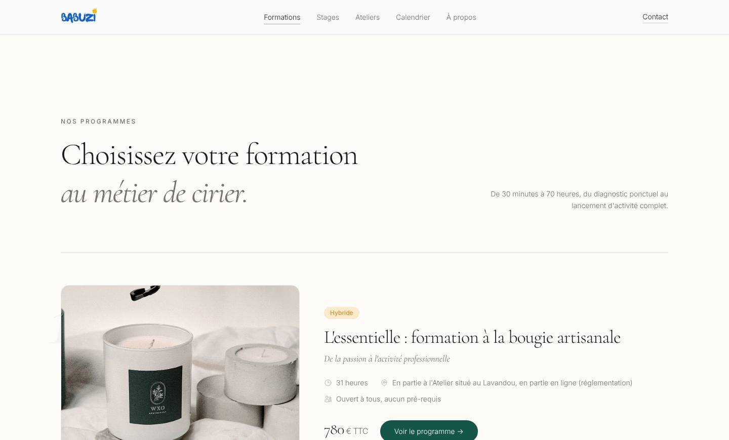 Page des formations : « Choisissez votre formation au métier de cirier » puis la première des six fiches avec sa durée et son prix