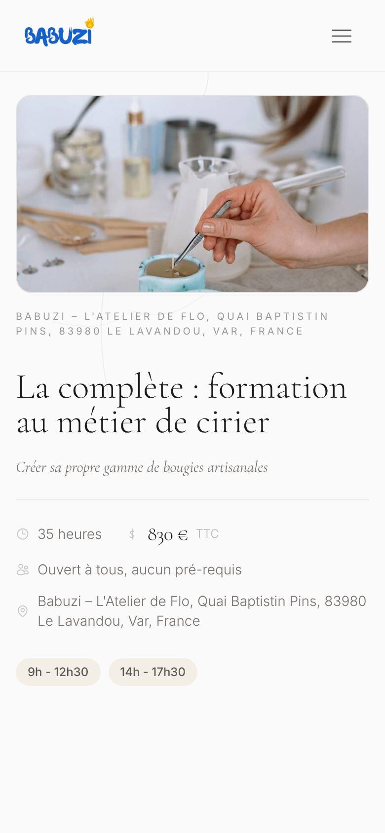 La page d'une formation sur téléphone : photo, titre, durée, prix et horaires