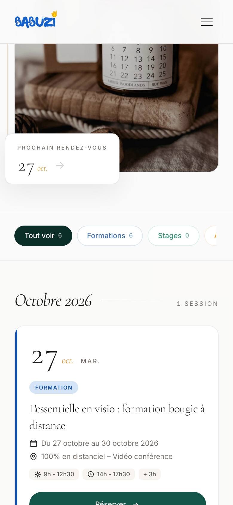 Le calendrier sur téléphone : les filtres par format puis la session du 27 octobre et son bouton Réserver