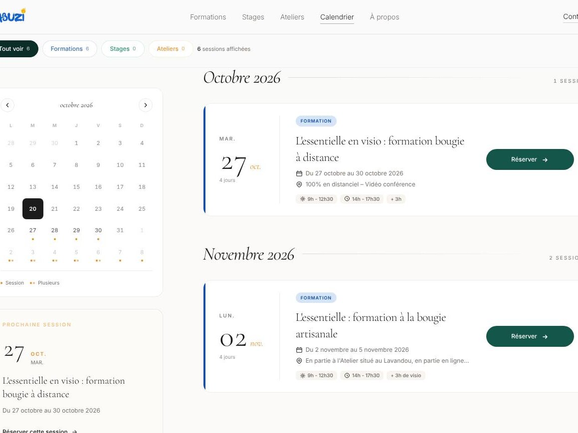 Calendrier des sessions : un mois en grille à gauche et les dates d'octobre et de novembre, chacune avec son bouton Réserver