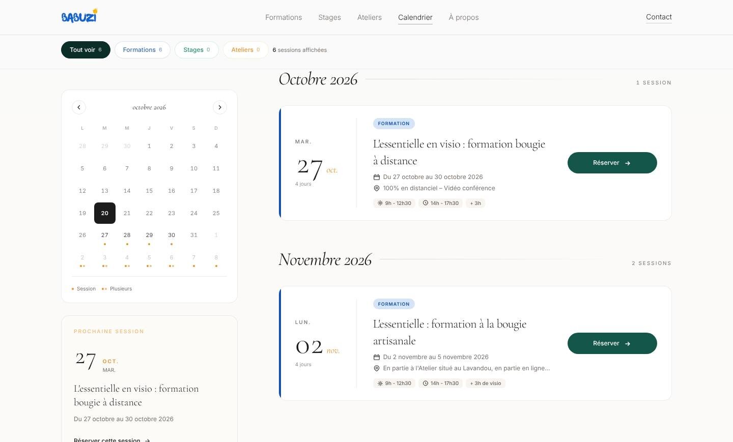 Calendrier des sessions : un mois en grille à gauche et les dates d'octobre et de novembre, chacune avec son bouton Réserver