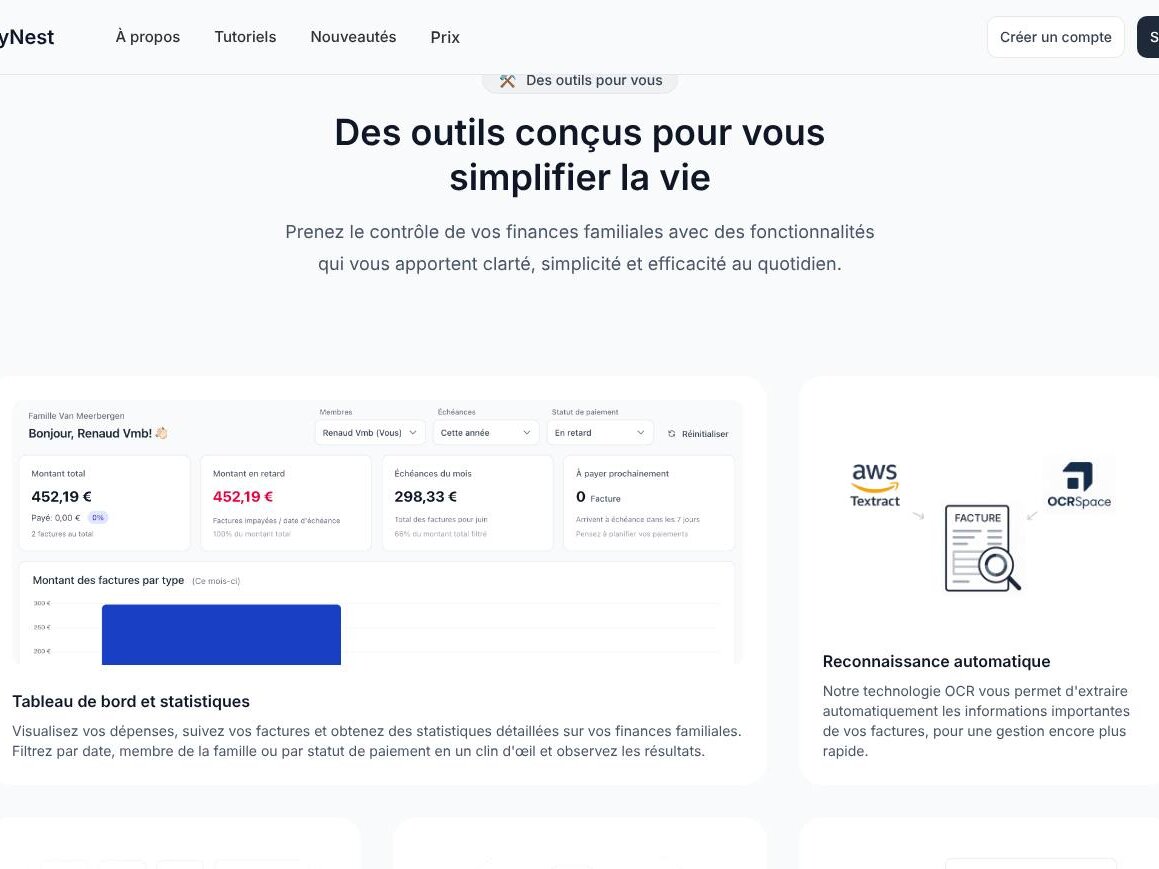 La section des outils : le tableau de bord filtré à côté de la reconnaissance automatique des factures par AWS Textract et OCR.space