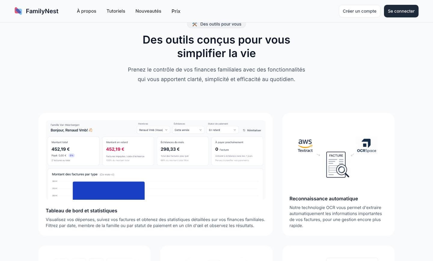 La section des outils : le tableau de bord filtré à côté de la reconnaissance automatique des factures par AWS Textract et OCR.space