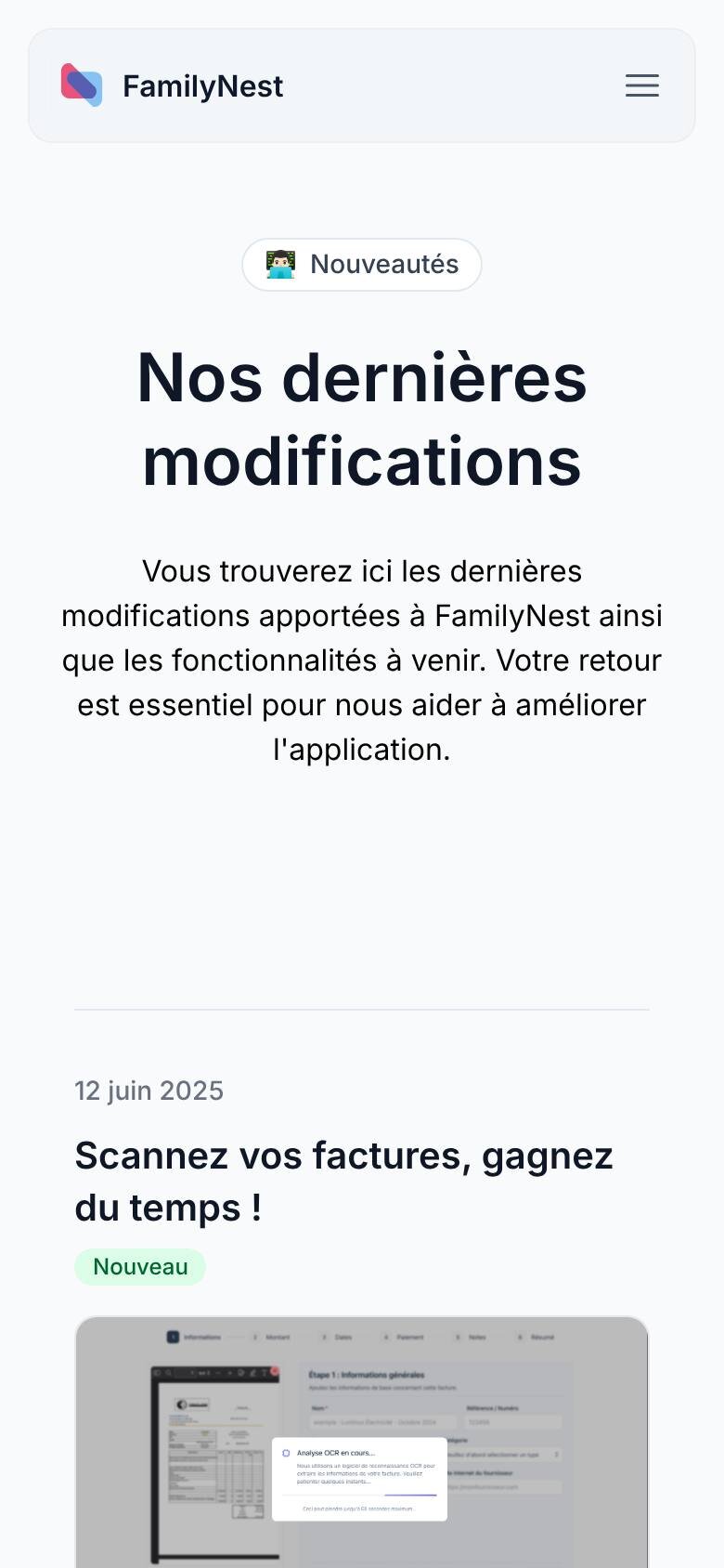 Les nouveautés sur téléphone : le titre de la page puis la mise à jour du 12 juin 2025