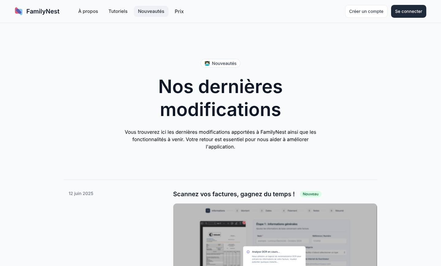 Page des nouveautés : la mise à jour du 12 juin 2025 qui ajoute la lecture automatique des factures