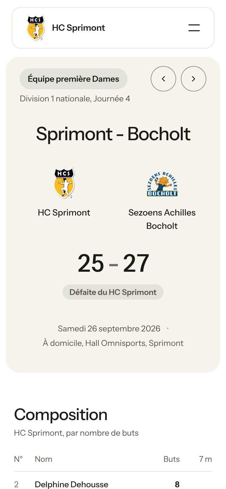 Page d'un match sur téléphone