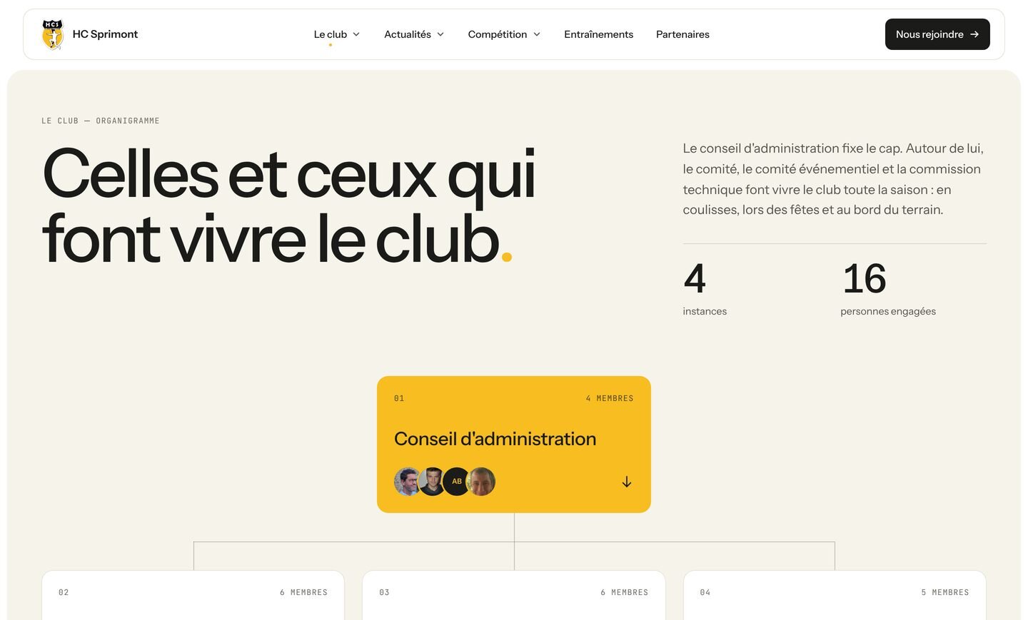 Page Organigramme : « Celles et ceux qui font vivre le club. »
