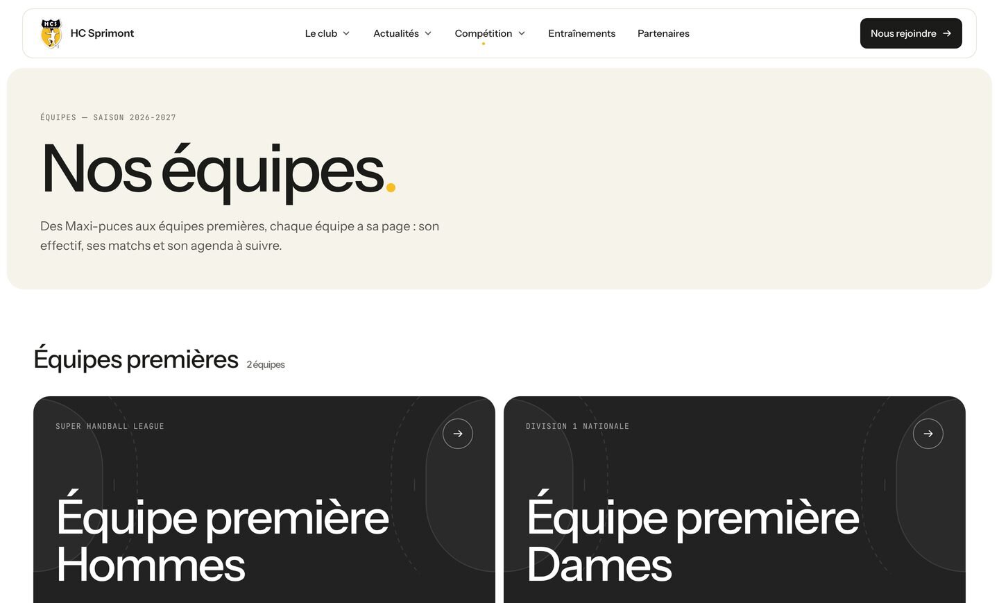 Page Équipes : les équipes premières Hommes et Dames