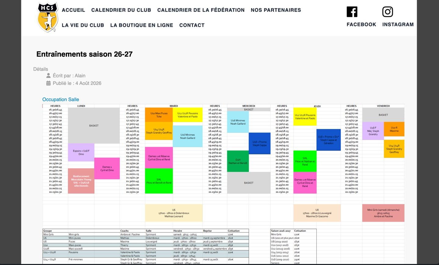 Ancienne page des entraînements : un tableau de tableur coloré publié en image