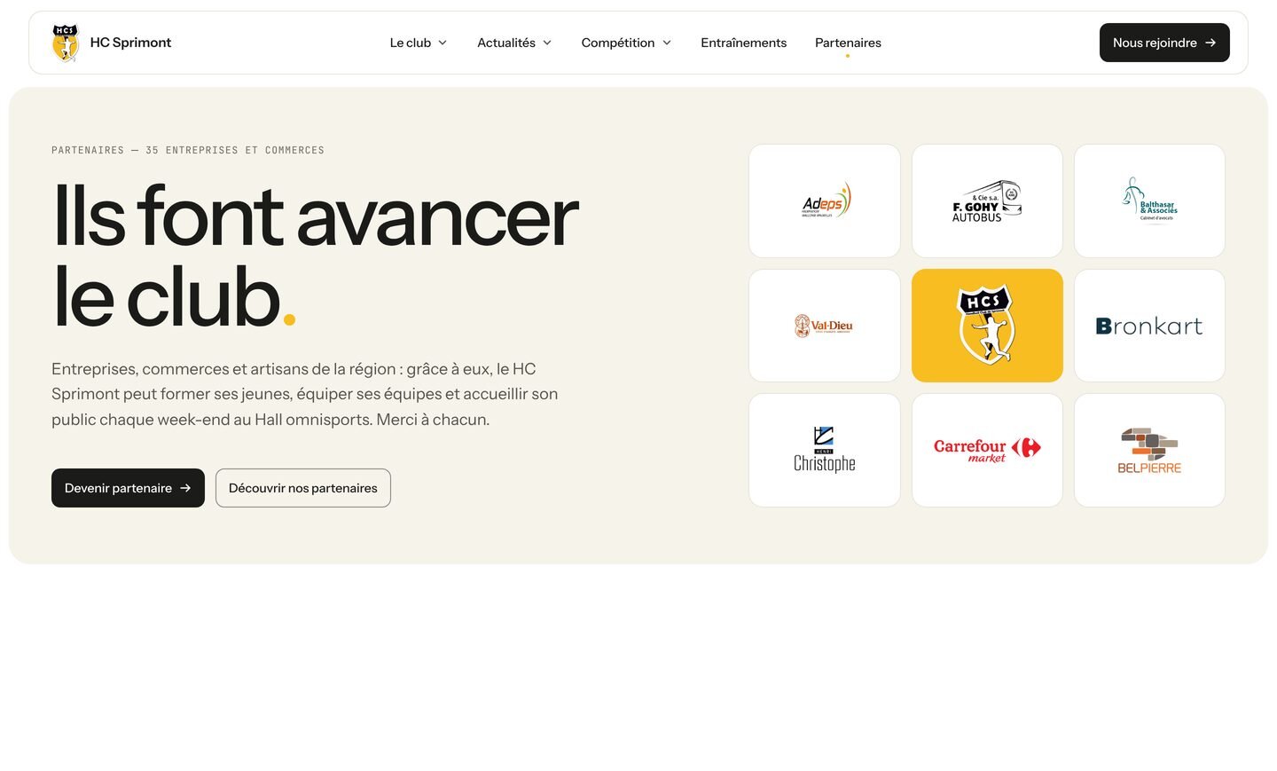 Nouvelle page des partenaires : « Ils font avancer le club. » et une mosaïque de logos