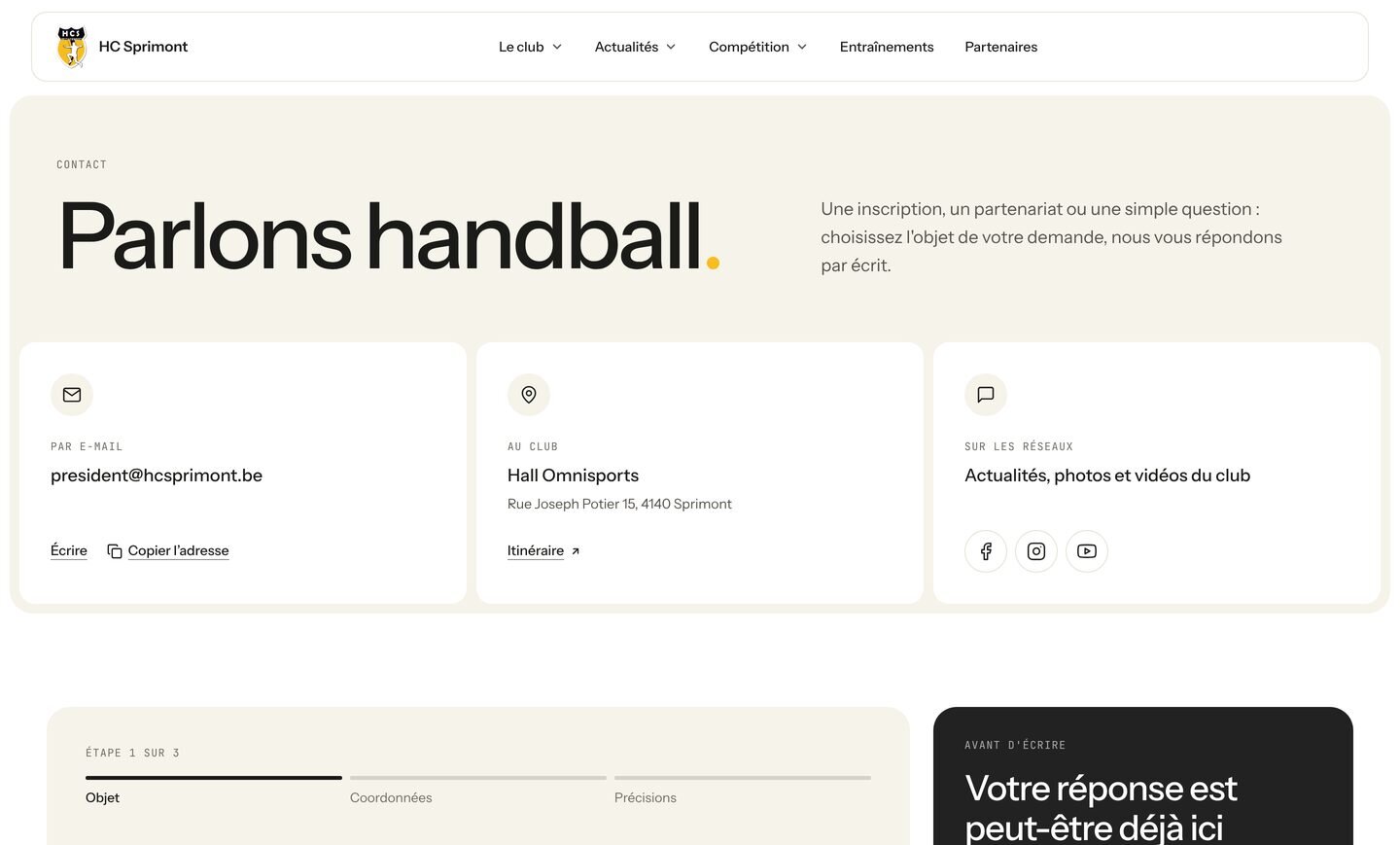 Nouvelle page de contact : « Parlons handball. », les coordonnées du club et le formulaire en étapes