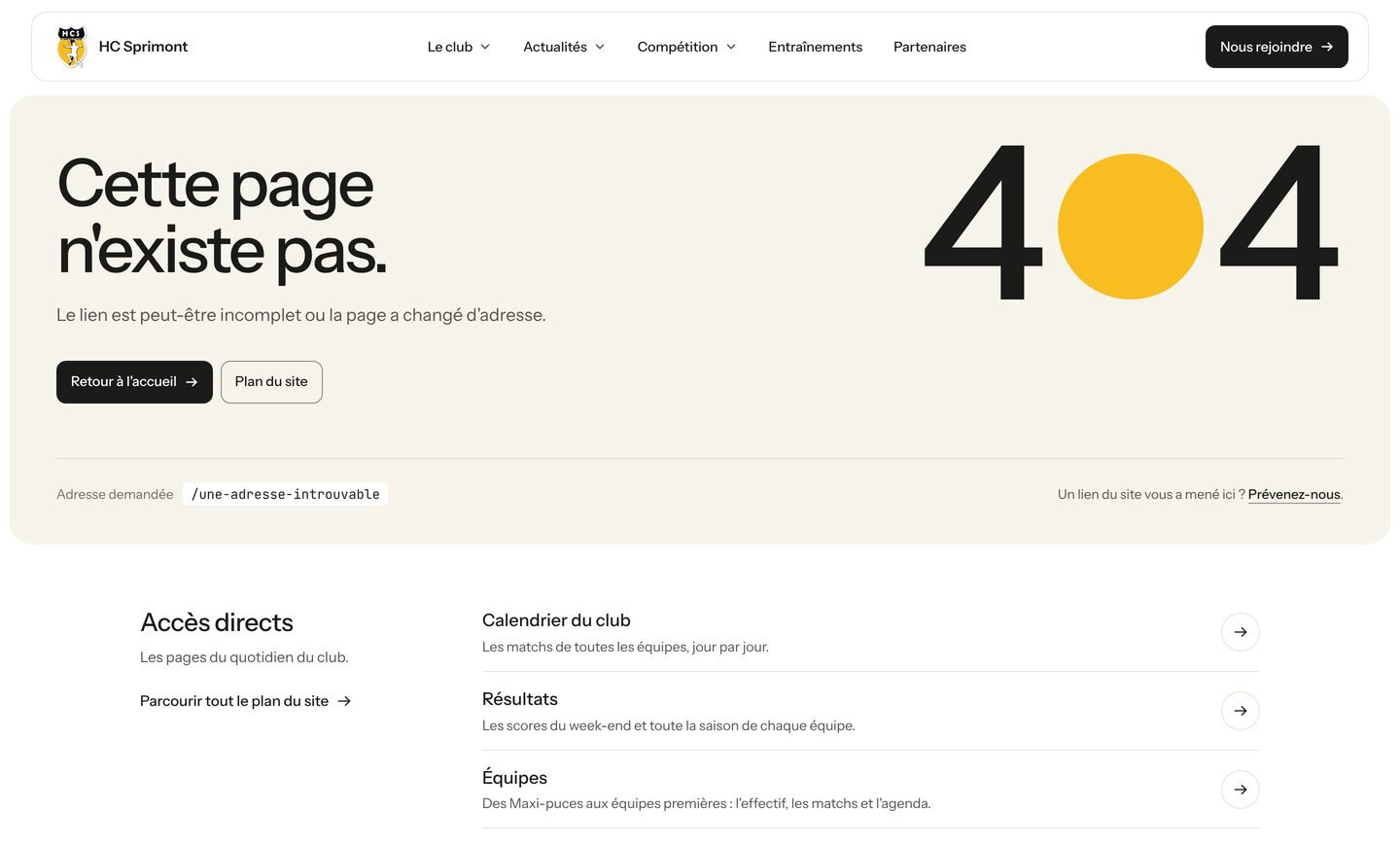 Nouvelle page introuvable : « Cette page n'existe pas. » et des accès directs