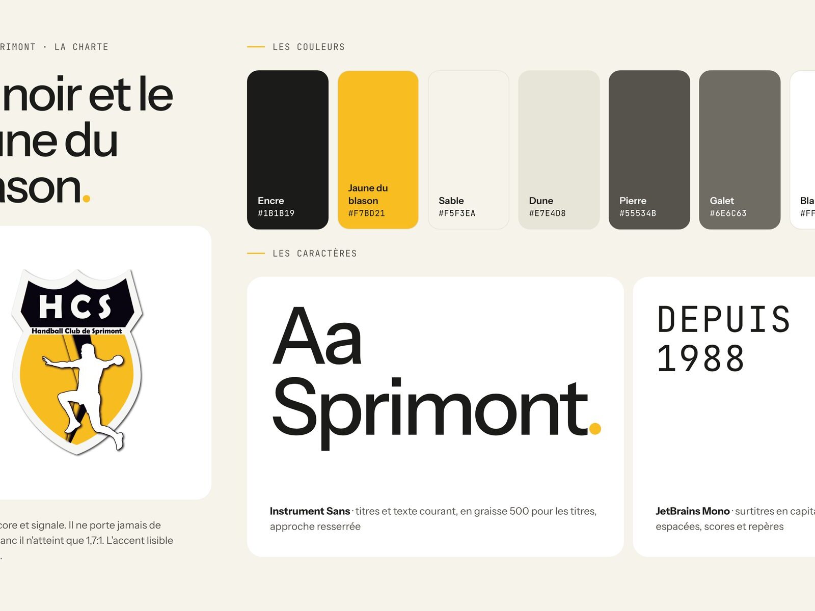 La charte du HC Sprimont : le blason, sept couleurs, Instrument Sans et JetBrains Mono
