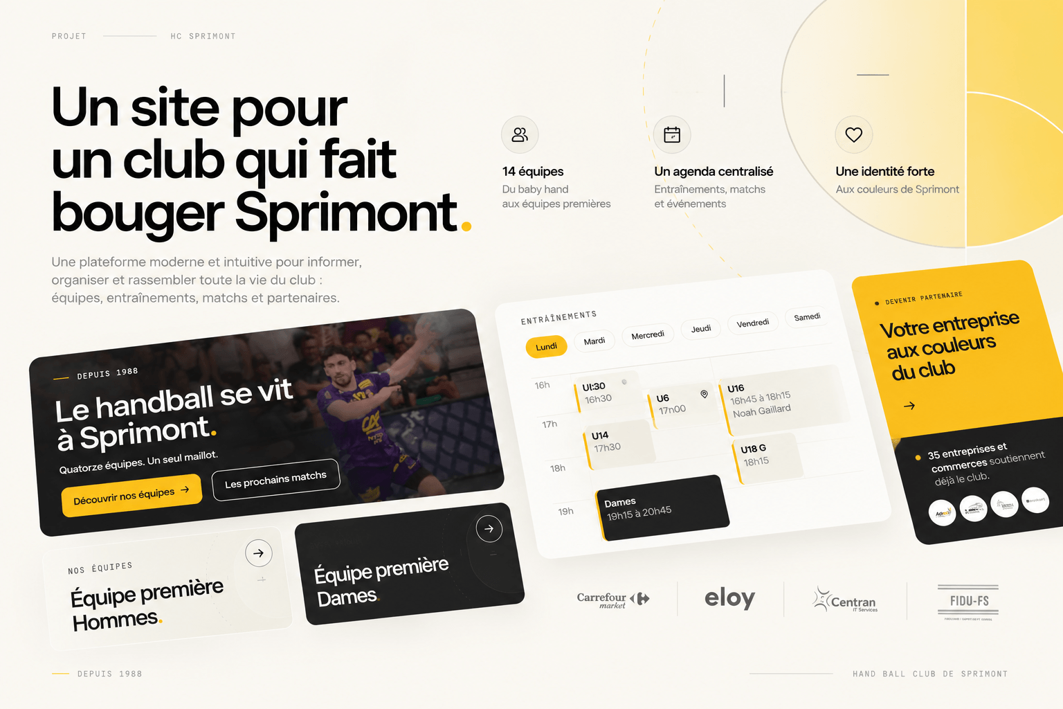 Planche de présentation du design system du HC Sprimont : le titre « Un site pour un club qui fait bouger Sprimont », trois atouts, l'agenda des entraînements, les cartes d'équipes et les partenaires