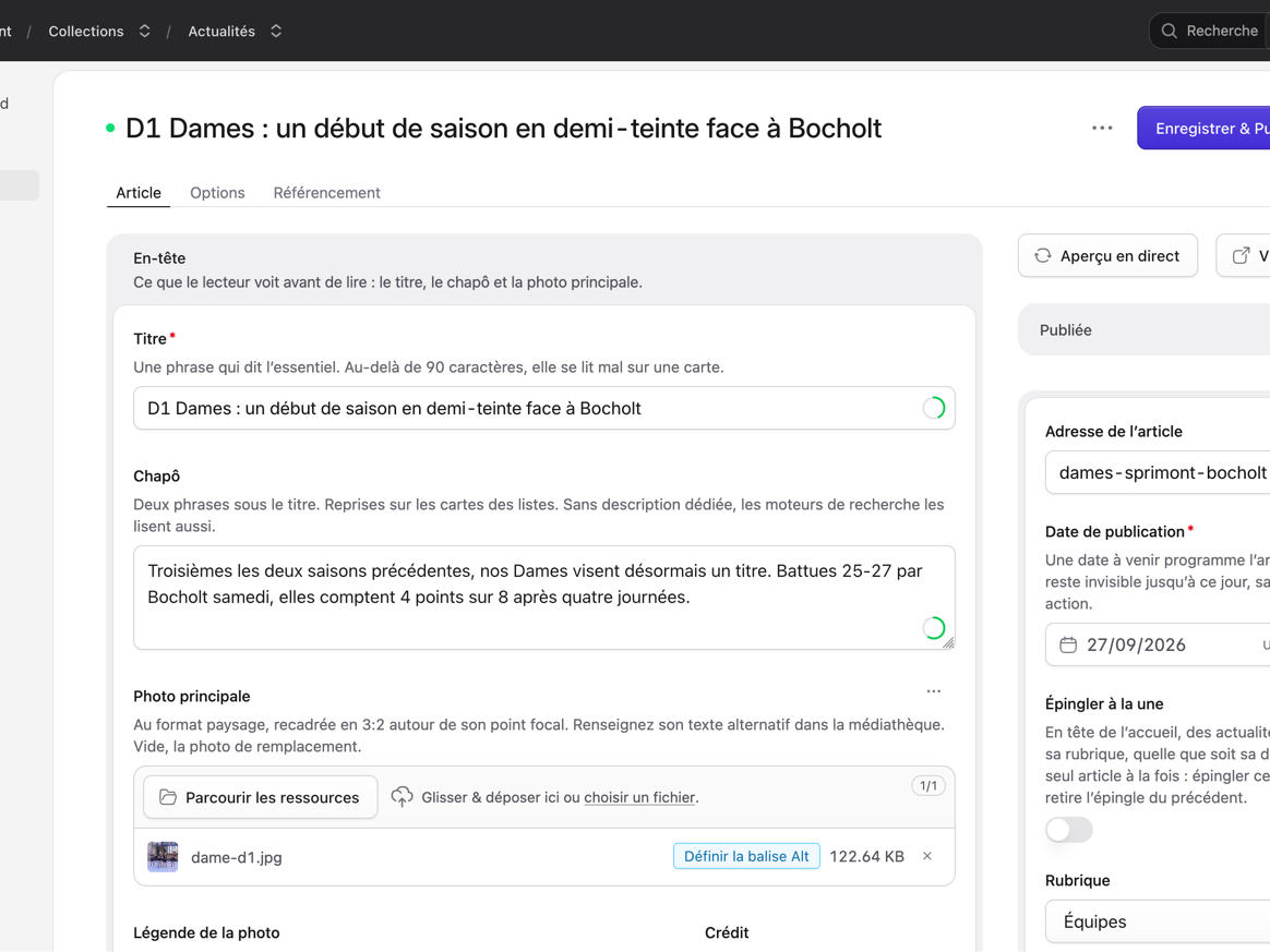 Le panneau Statamic du HC Sprimont : l'édition d'un article, chaque champ suivi de sa consigne