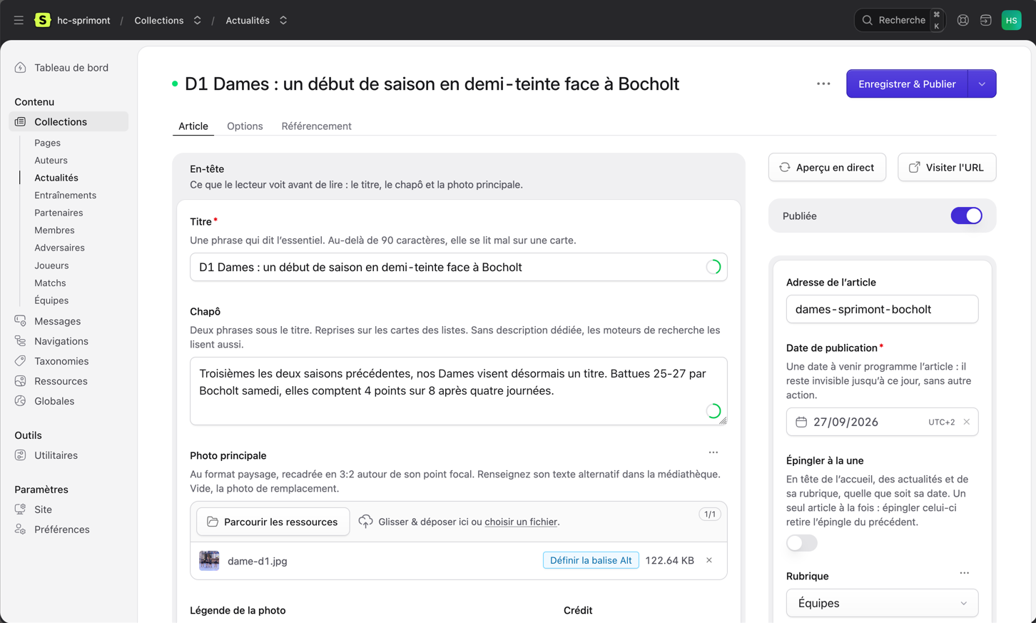 Le panneau Statamic du HC Sprimont : l'édition d'un article, chaque champ suivi de sa consigne